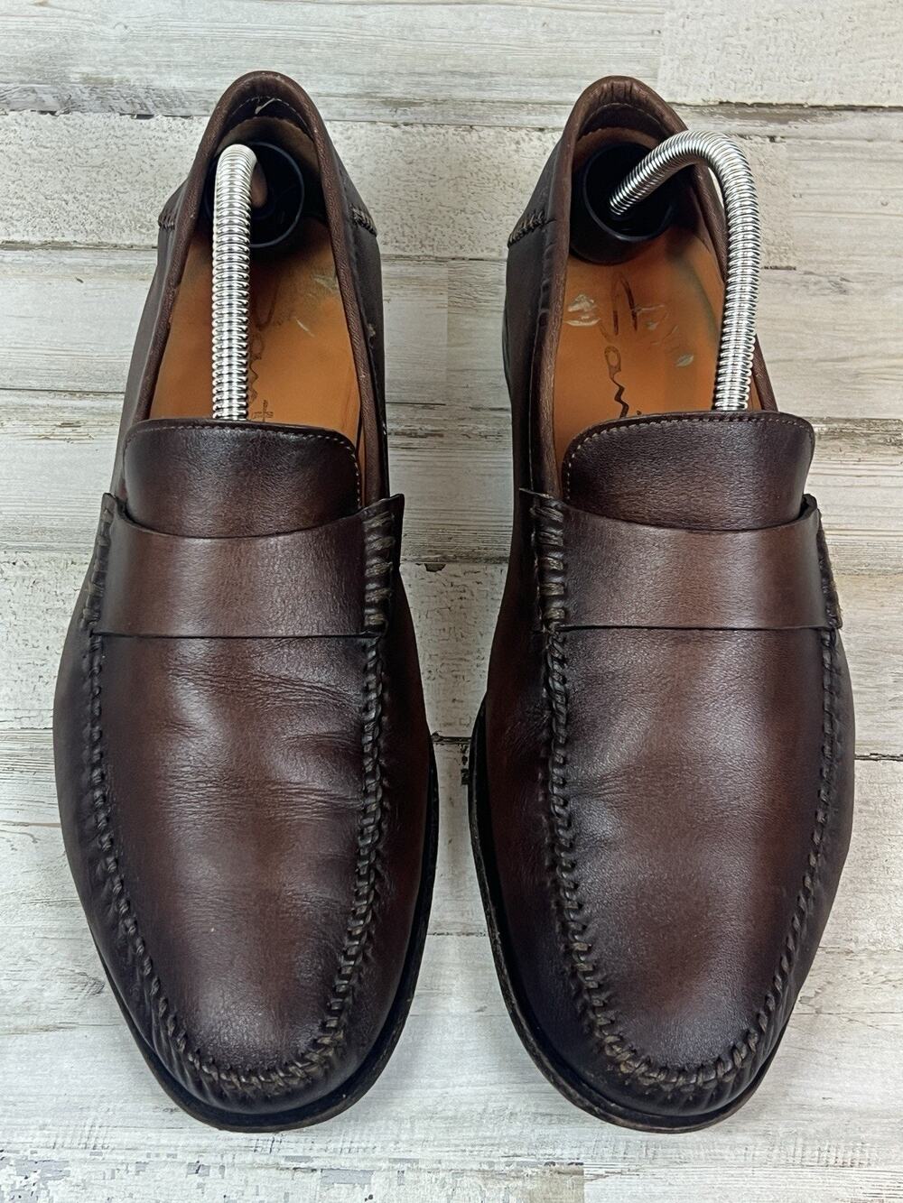 Santoni Paine Blind Keeper Loafers Brown Leather Hand Made Italy Men's 9 Slip On